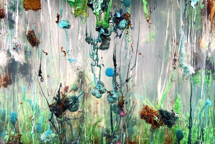 Agnieszka Kurant, Chemical Garden, 2021–ongoing. Sodium silicate, salts of copper, nickel, cobalt, chromium, manganese, iron and zinc, extra clear glass. Collaboration with Dr. Magdalena Osial. © Agnieszka Kurant. Photo: Mathias Völzke. Courtesy of Kunstverein Hannover.